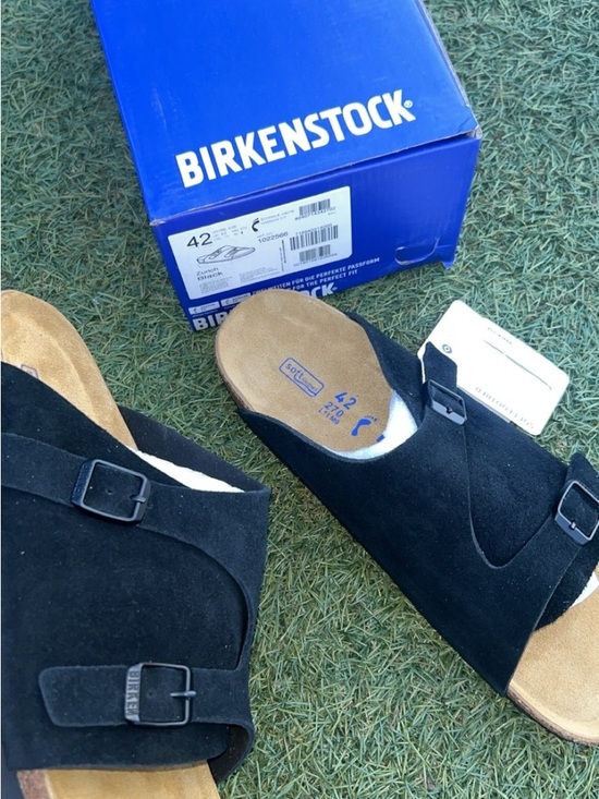 Birkenstock Shoes - Birkenstock Black Suede Two-Strap Slide Sandals